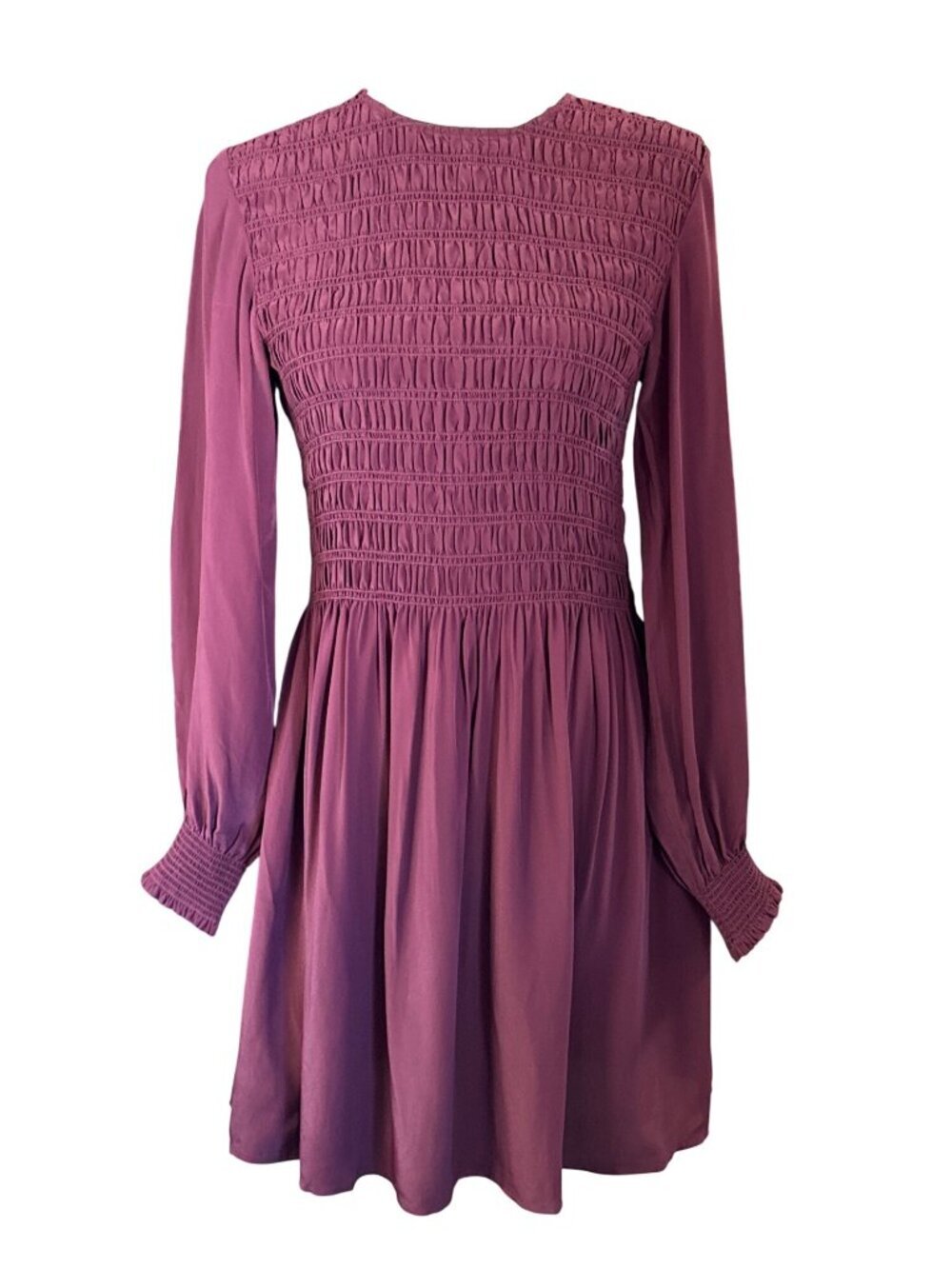 Madewell Long-Sleeve Smocked Mini Dress~Size M~Dark Pomegranate NWT L15 39